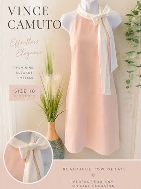 Vince Camuto Blush Pink Dress w/ Cream Bow Neck Midi Dress Size 10